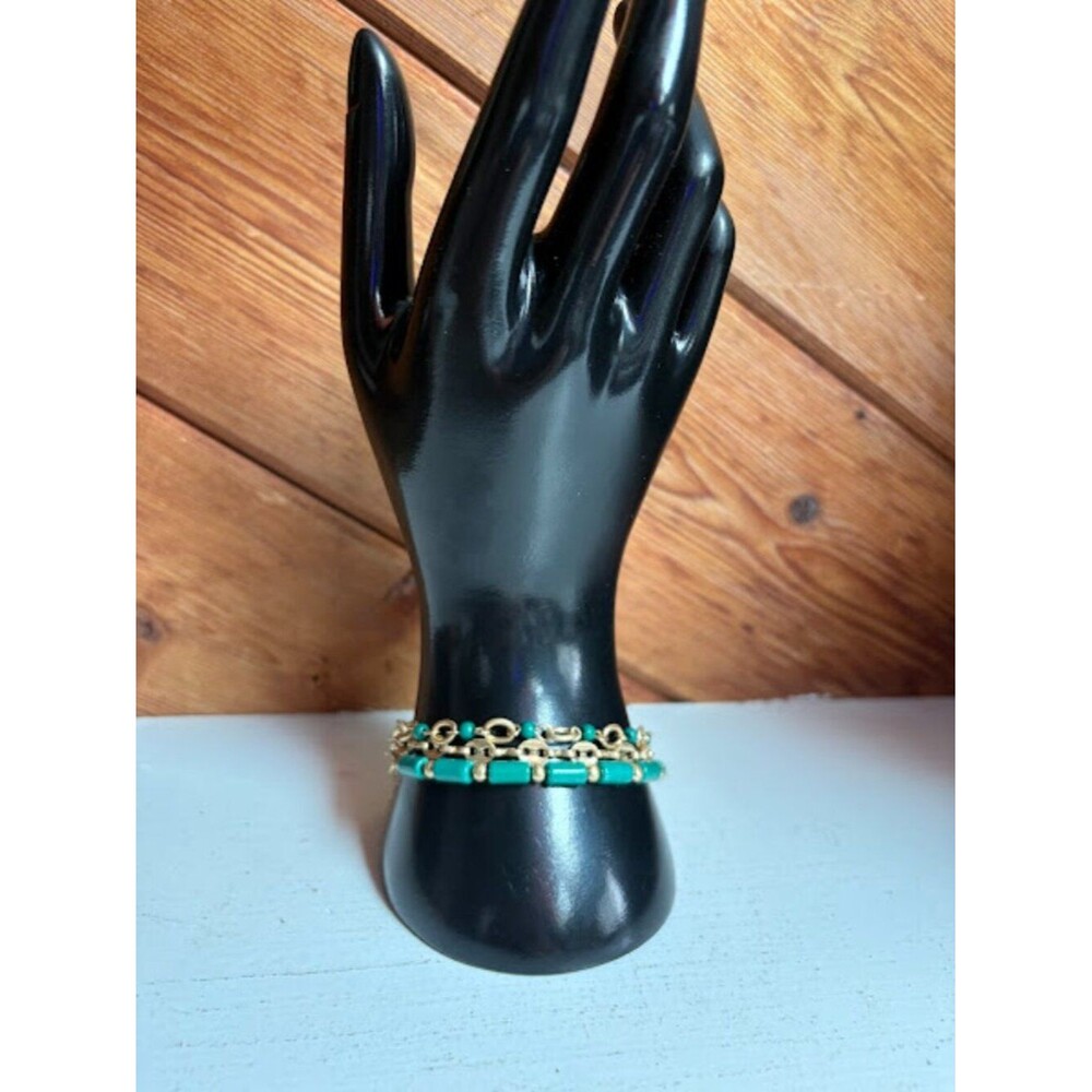 3 PCS Green Bead and Gold Link Bracelet